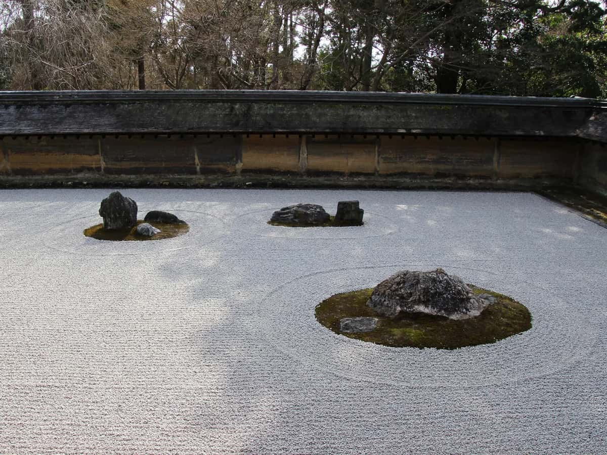 Le jardin de pierres du Ryoan-ji, gravier ratissé et rochers sur mousse