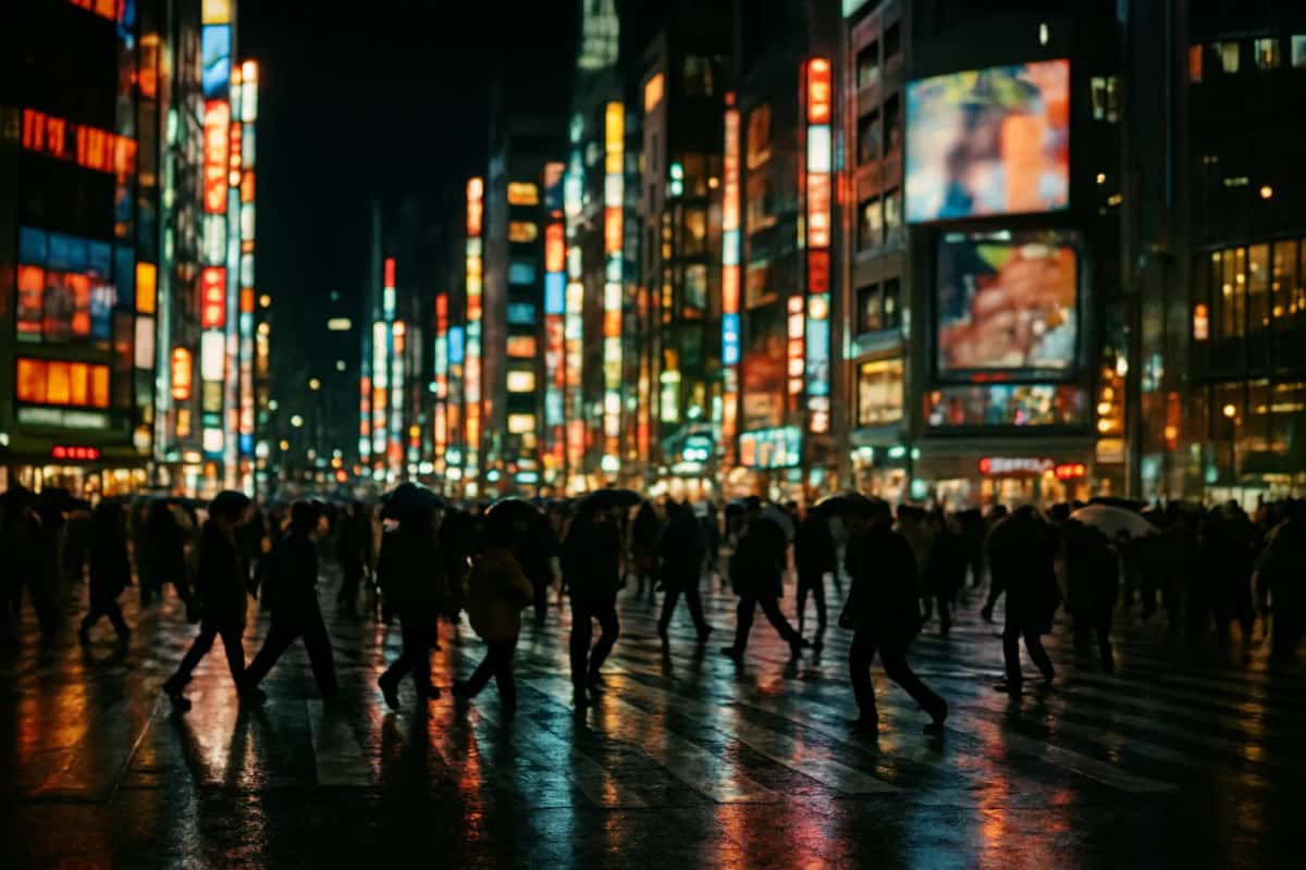 Rue de Tokyo la nuit, façades couvertes de néons et passants traversant sur la chaussée mouillée