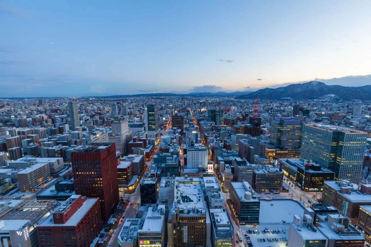 Panorama hivernal de Sapporo, avec la tour de télévision et les montagnes enneigées