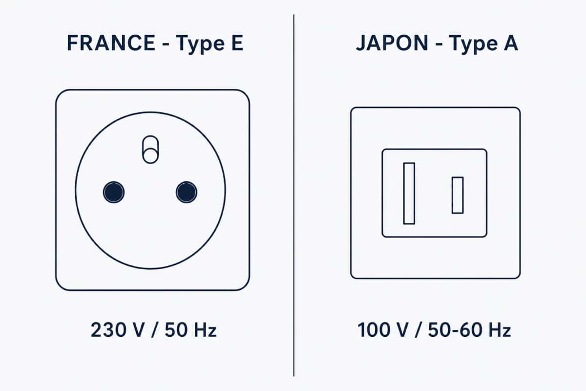 Comparatif de la prise de type E française à alvéole ronde et de la prise de type A japonaise à deux fentes plates