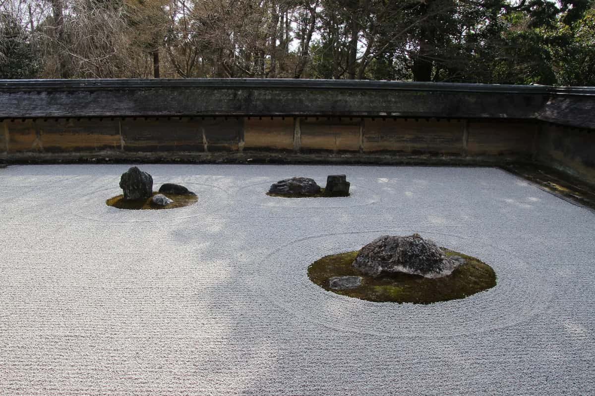 Jardin sec de pierres du Ryoan-ji à Kyoto, gravier ratissé, îlots de mousse et mur de terre