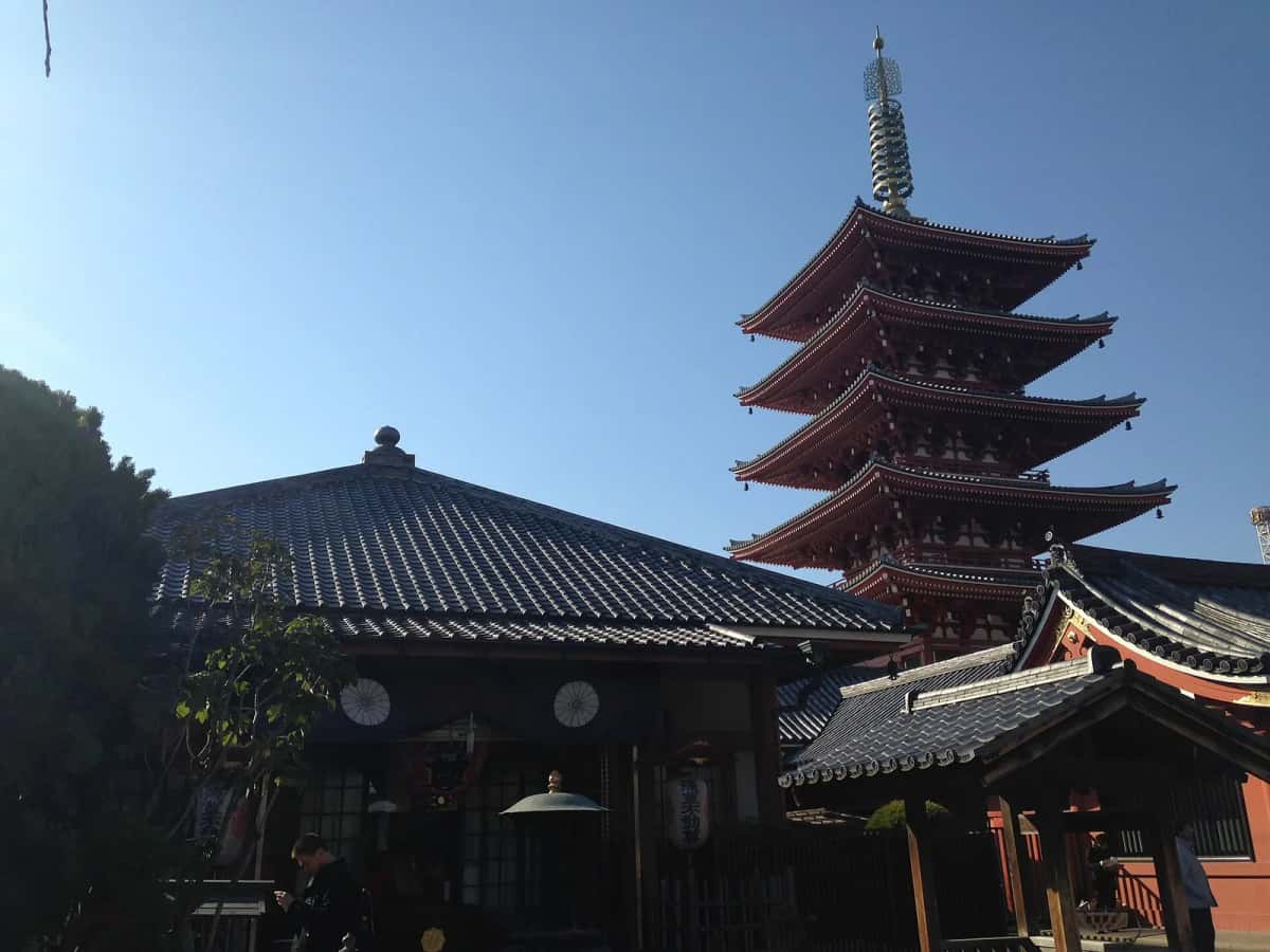 La pagode à cinq étages du Senso-ji à Asakusa, rouge et noire sous un ciel bleu