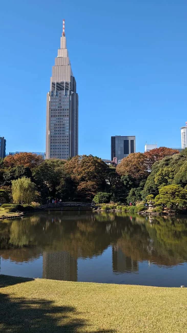 L'étang du jardin japonais de Shinjuku Gyoen, avec son pont courbe et la tour NTT Docomo en arrière-plan