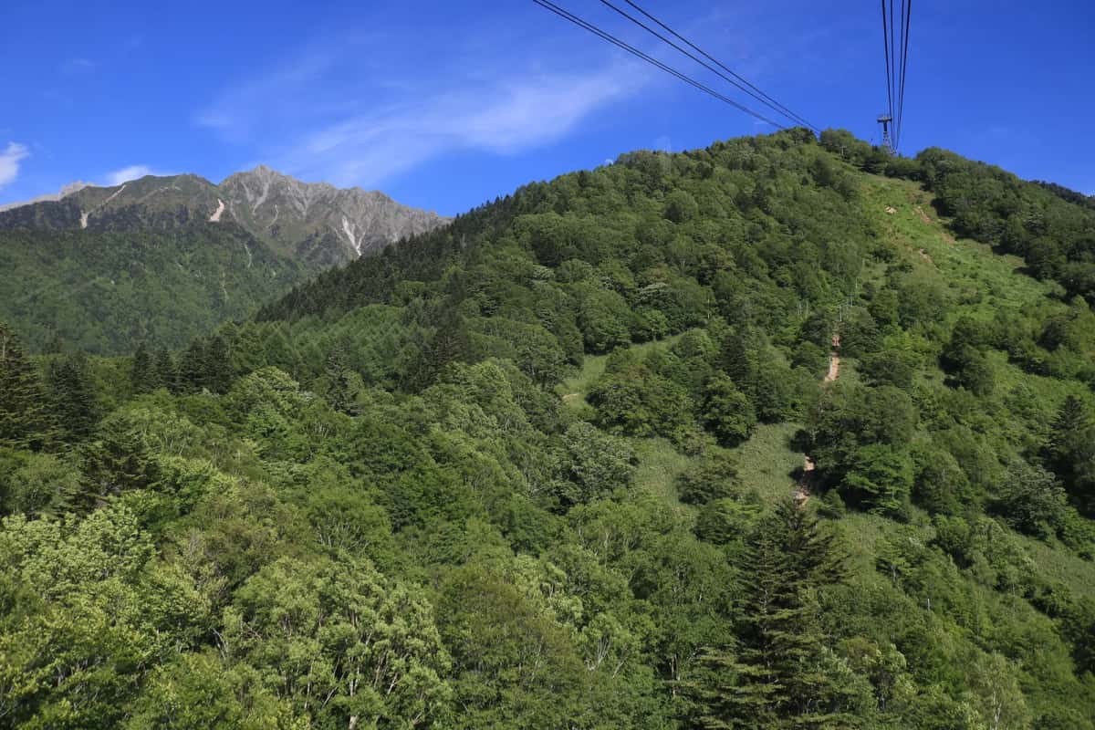 Le mont Nishihotaka, dans les Alpes japonaises du Nord, vu depuis le téléphérique de Shinhotaka