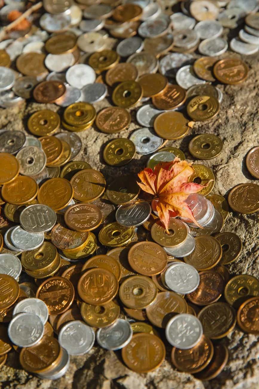 Pièces japonaises de 1, 5, 10 et 100 yens déposées en offrande sur une pierre